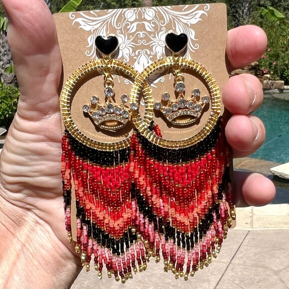 Handmade Beaded Queen Long Fringe Dangle Drop Lightweight Post Hoop Earrings - Picture 3 of 10